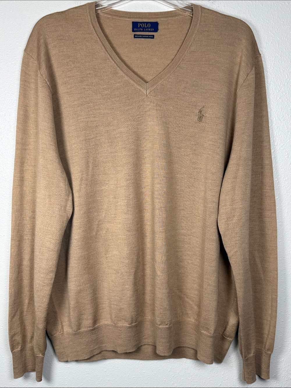 Polo Ralph Lauren 2XLT Washable Merino Wool V Neck Sweater Camel Tan Preppy Read